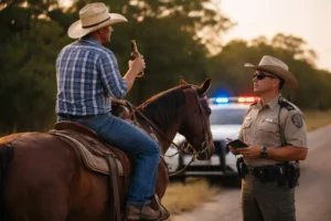 Texas police officer stopping a man riding a horse on a rural road, illustrating laws around drunk horseback riding and DUI rules in Texas