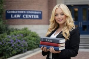Tiffany Trump standing outside Georgetown University Law Center holding law books, highlighting her legal education background.