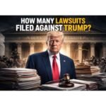 Former U.S. President Donald Trump standing in front of a courthouse with stacks of legal documents, a judge’s gavel, and scales of justice, symbolizing the large number of lawsuits filed against his administration.