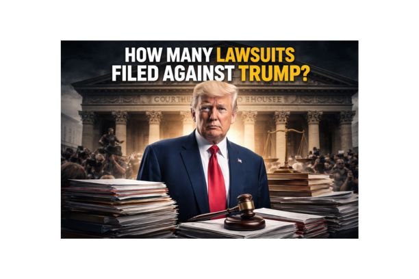 Former U.S. President Donald Trump standing in front of a courthouse with stacks of legal documents, a judge’s gavel, and scales of justice, symbolizing the large number of lawsuits filed against his administration.