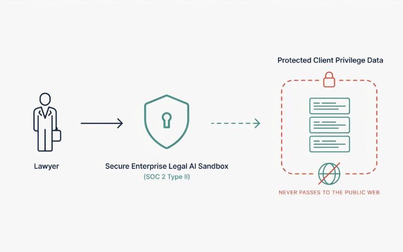 Infographic diagram showing how enterprise legal AI protects client data privacy within a secure cloud sandbox.