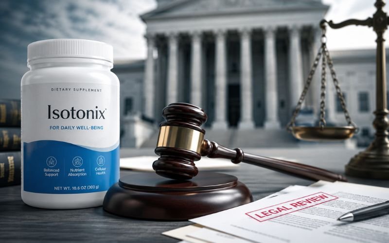 Judge's gavel beside a dietary supplement container representing the Isotonix lawsuit and Market America legal issues in 2026