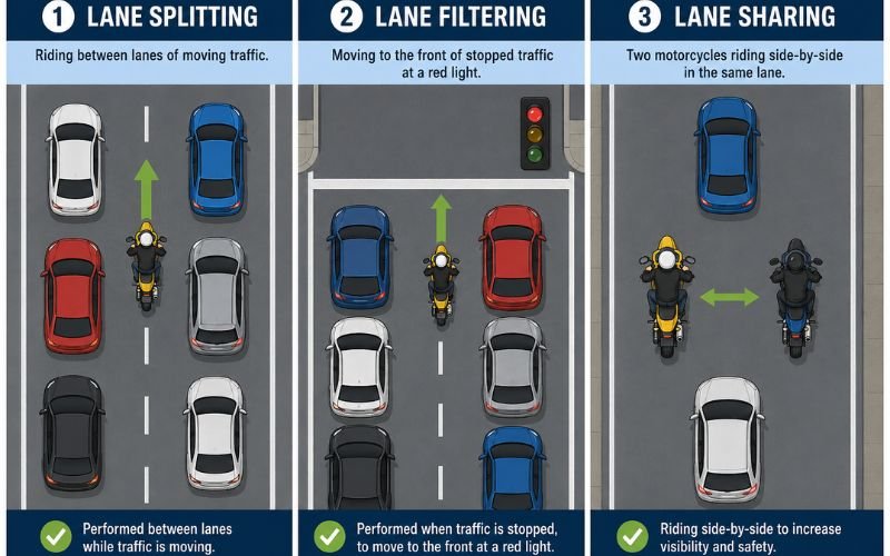 Diagram illustrating differences between lane splitting, lane filtering, and lane sharing
