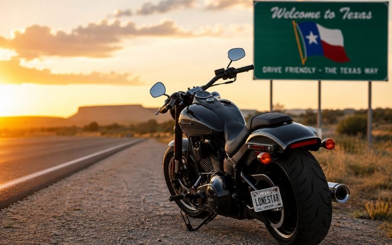 A motorcycle parked safely on the shoulder of a Texas highway for an article explaining is lane splitting legal in texas