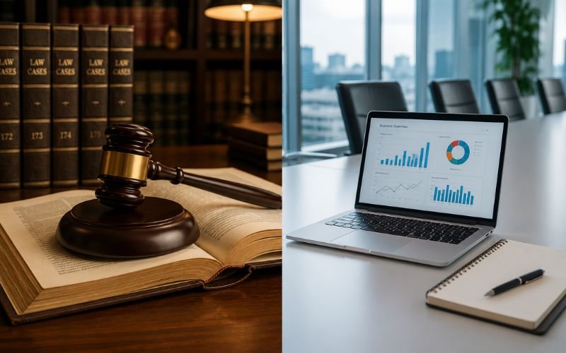 Law school vs business master's split-screen comparison showing a legal gavel on law books beside a laptop with financial business charts