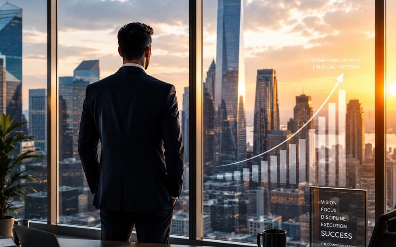 Professional looking out of a corporate office window at a city skyline representing long-term career growth